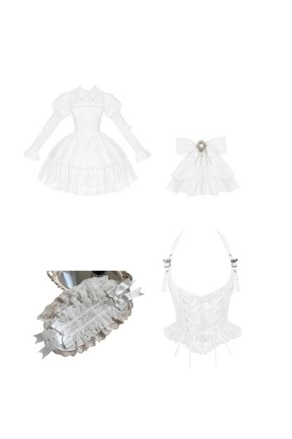 White gothic gemini Lolita dress + corset + ribbon + hair band + veil