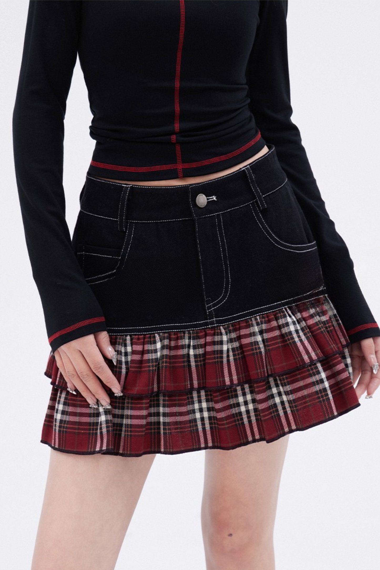 Checked Patchwork Denim Skirt