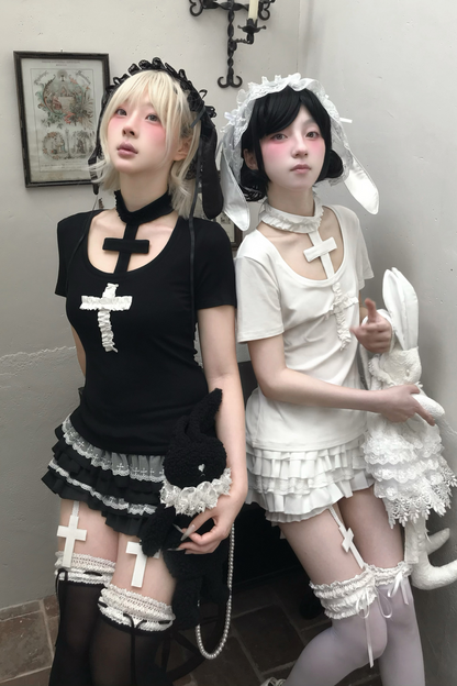 Gothic-Stil Kreuz-T-Shirt + Kreuzkragen + Kürbishose
