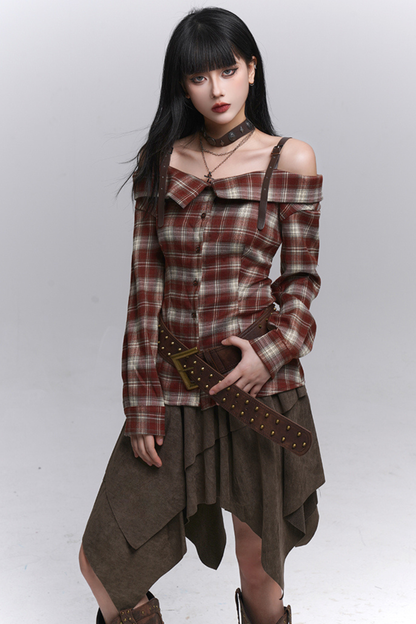 Y2Kチェックオフショルダーシャツ