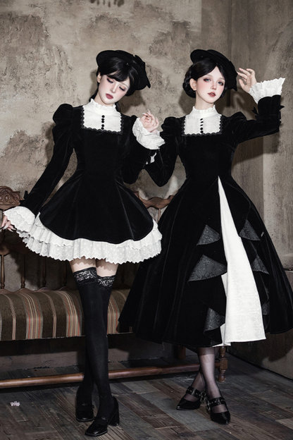 エレガントスリムコントラストカラーツインドレス+カラー+リボン+ブローチ+ハット