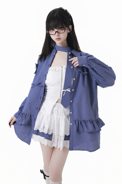 Check Tie Blouse Ursus Camisole + Skirt + Short Top