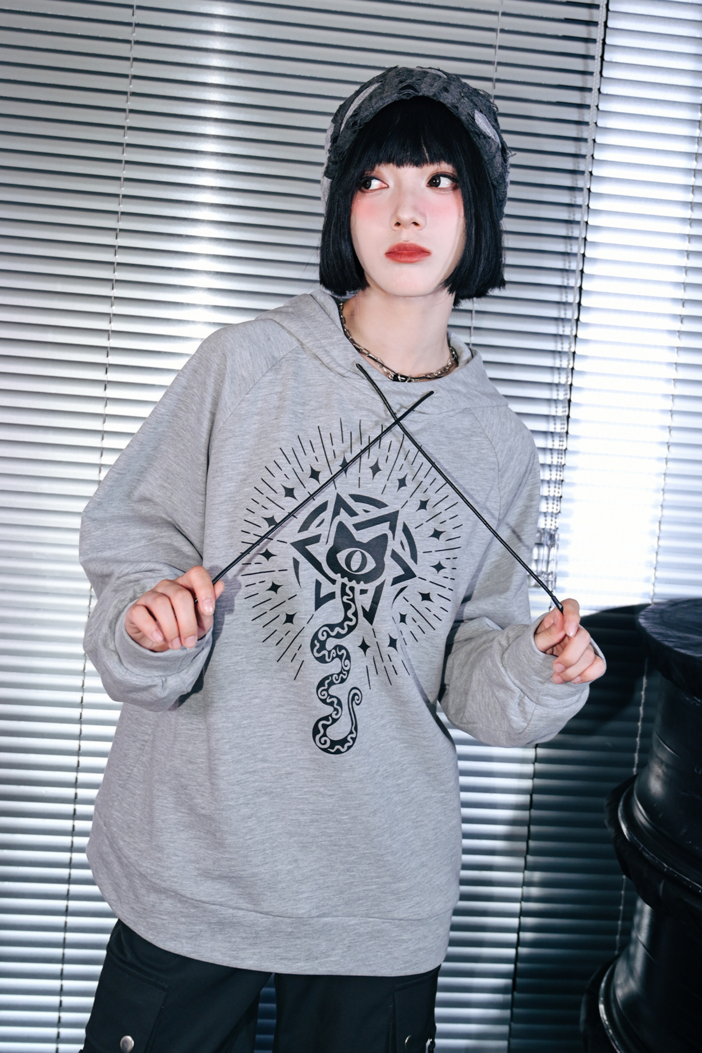 Gray Hooded Trendy Style Casual Top