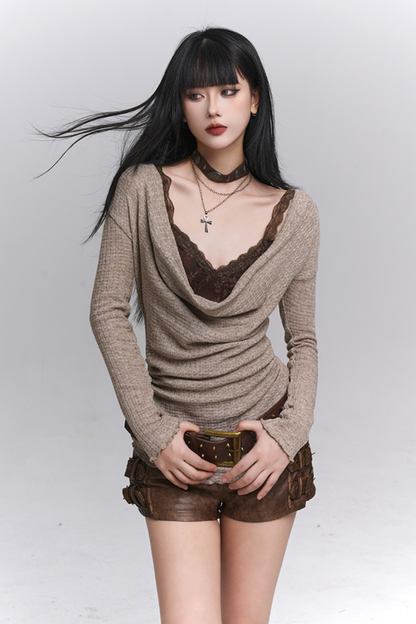 レースインナーY2Kオープンネックトップス