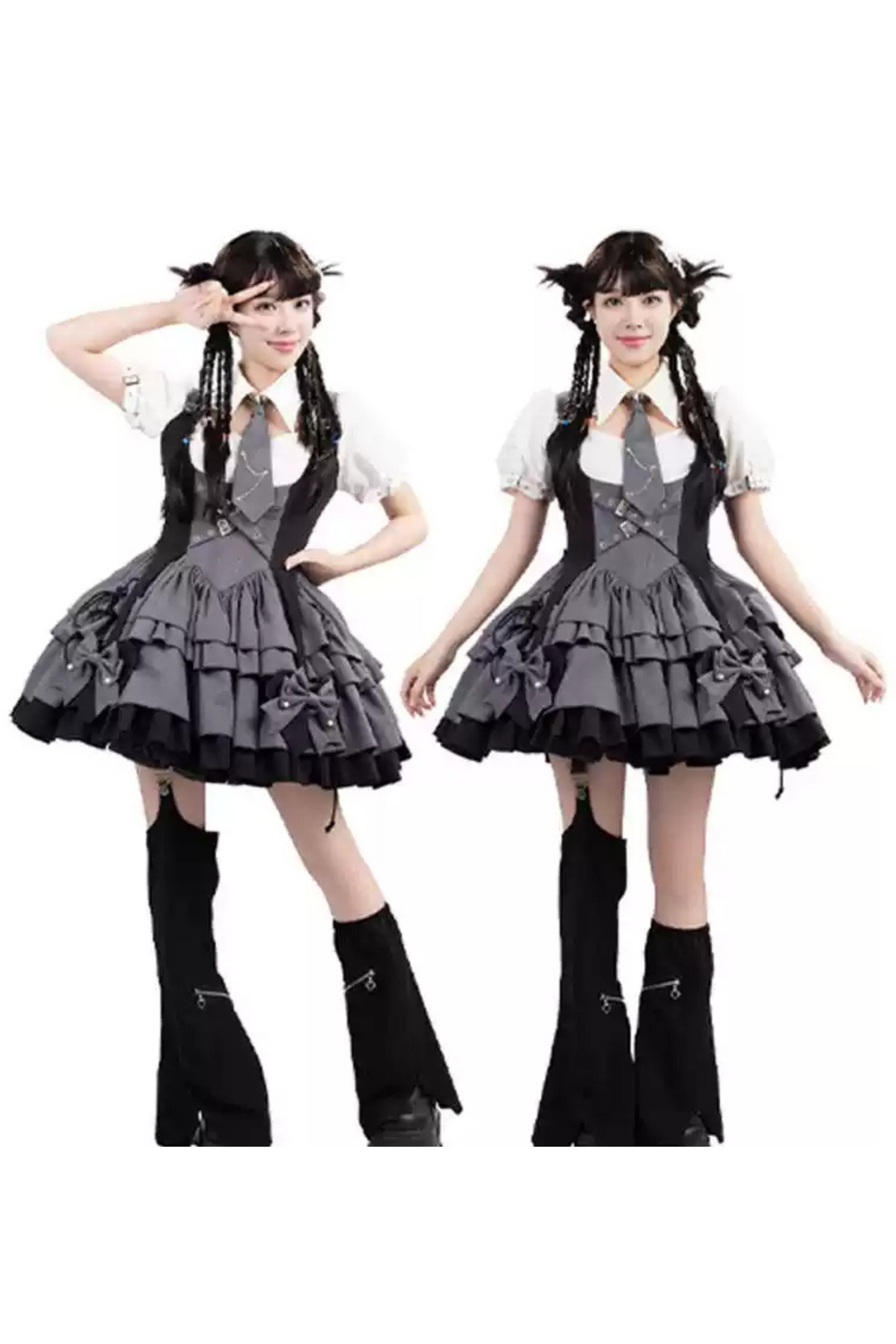 [Reservation product] College style gray black suspender dress