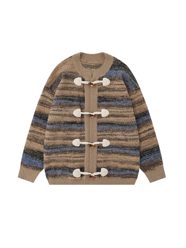 American Retro Art Striped Loose Horn Button Knit Cardigan