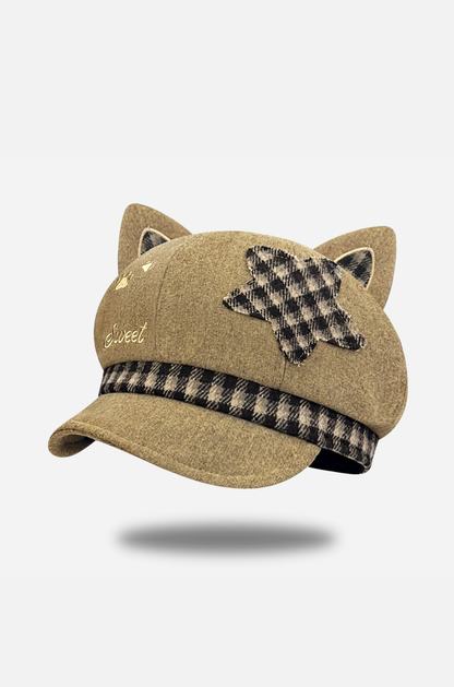 Plaid Star Cat Ear Octagonal Beret