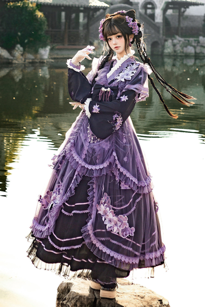 チャイナパープルフローラルドレス+アウタードレス+ロングスカート