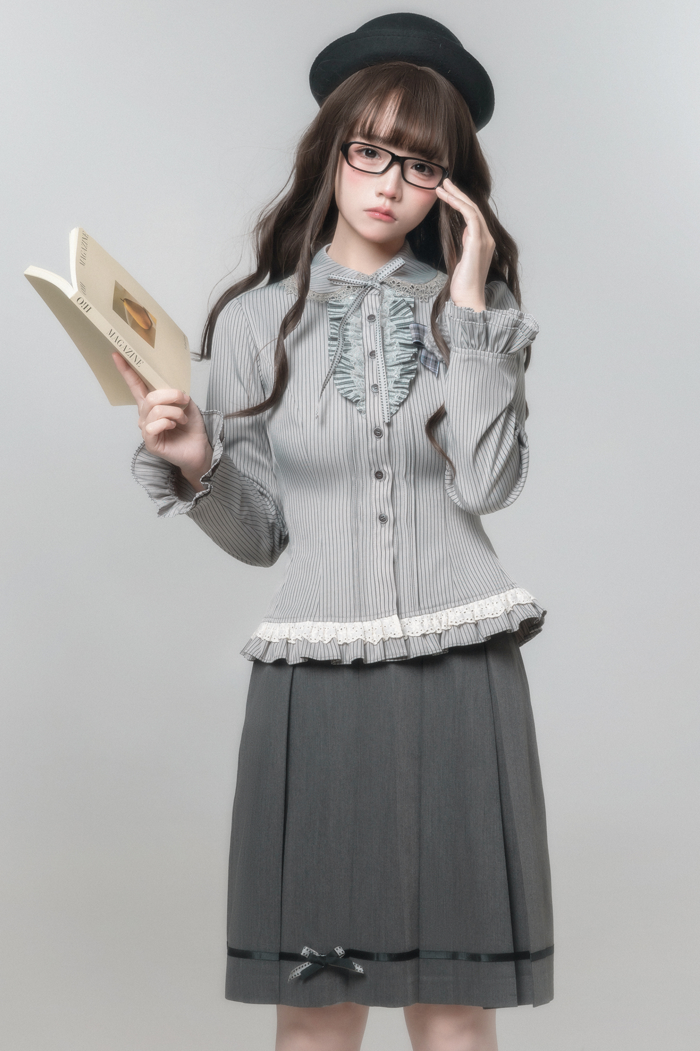 エレガントレトロカレッジジャケット+シャツ+スカート+ブローチ