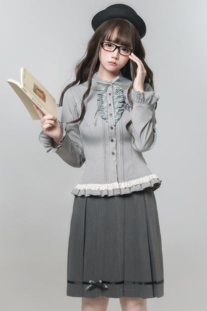 エレガントレトロカレッジジャケット+シャツ+スカート+ブローチ