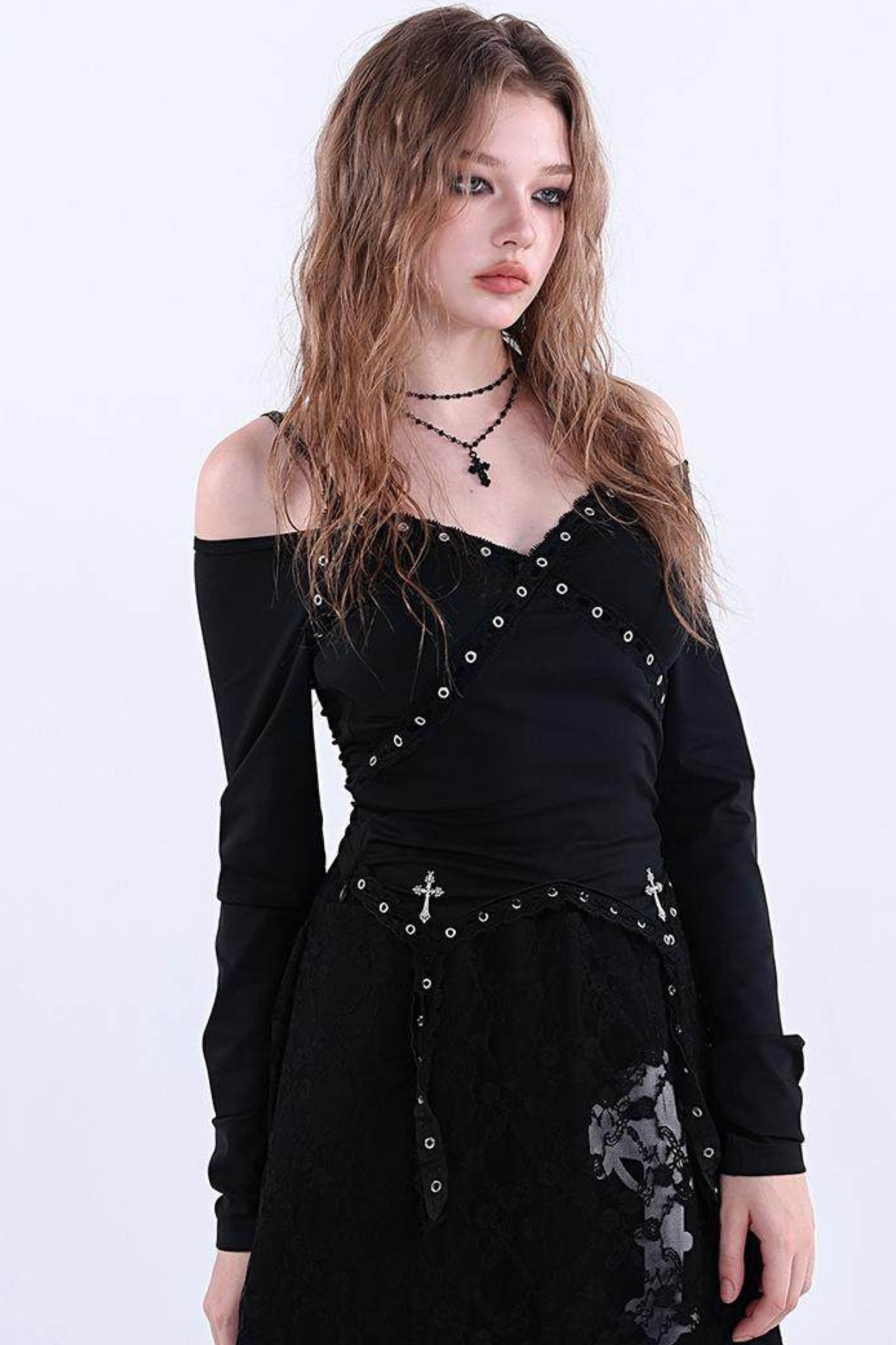 レーストリムオフショルダートップス