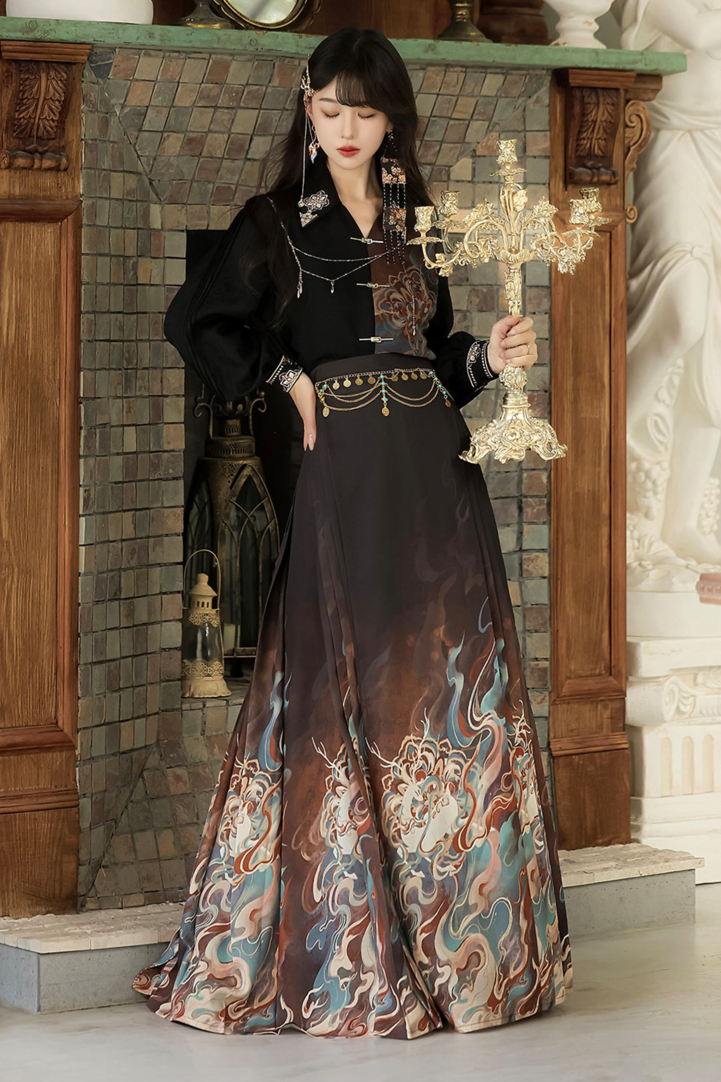 Dark chic retro top + long skirt