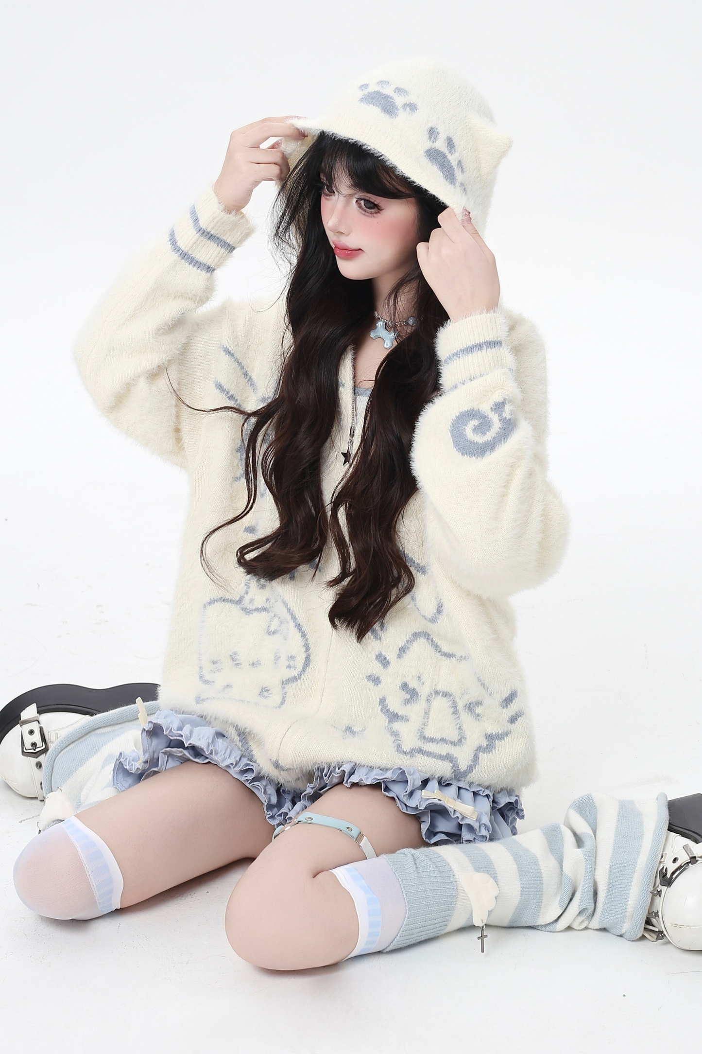 キャットジップフーセーターカーディガン