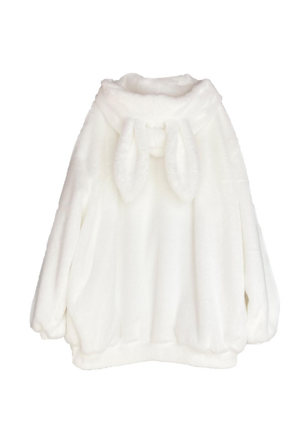 [Pre-order product] Strap Ribbon Bunny Ear Fur Hoodie White Zip Coat