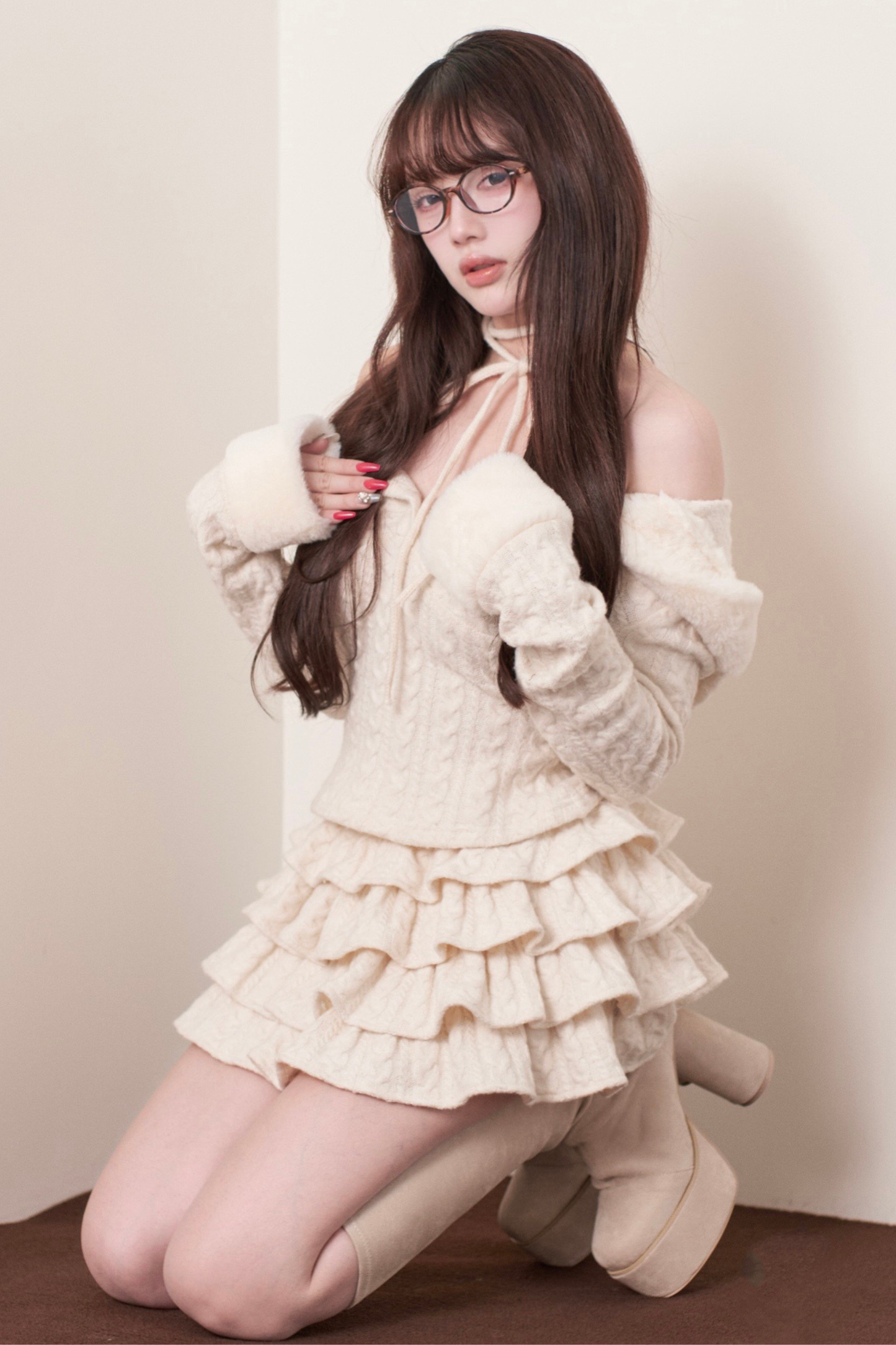 ケーブルニットトップス+ティアードスカート