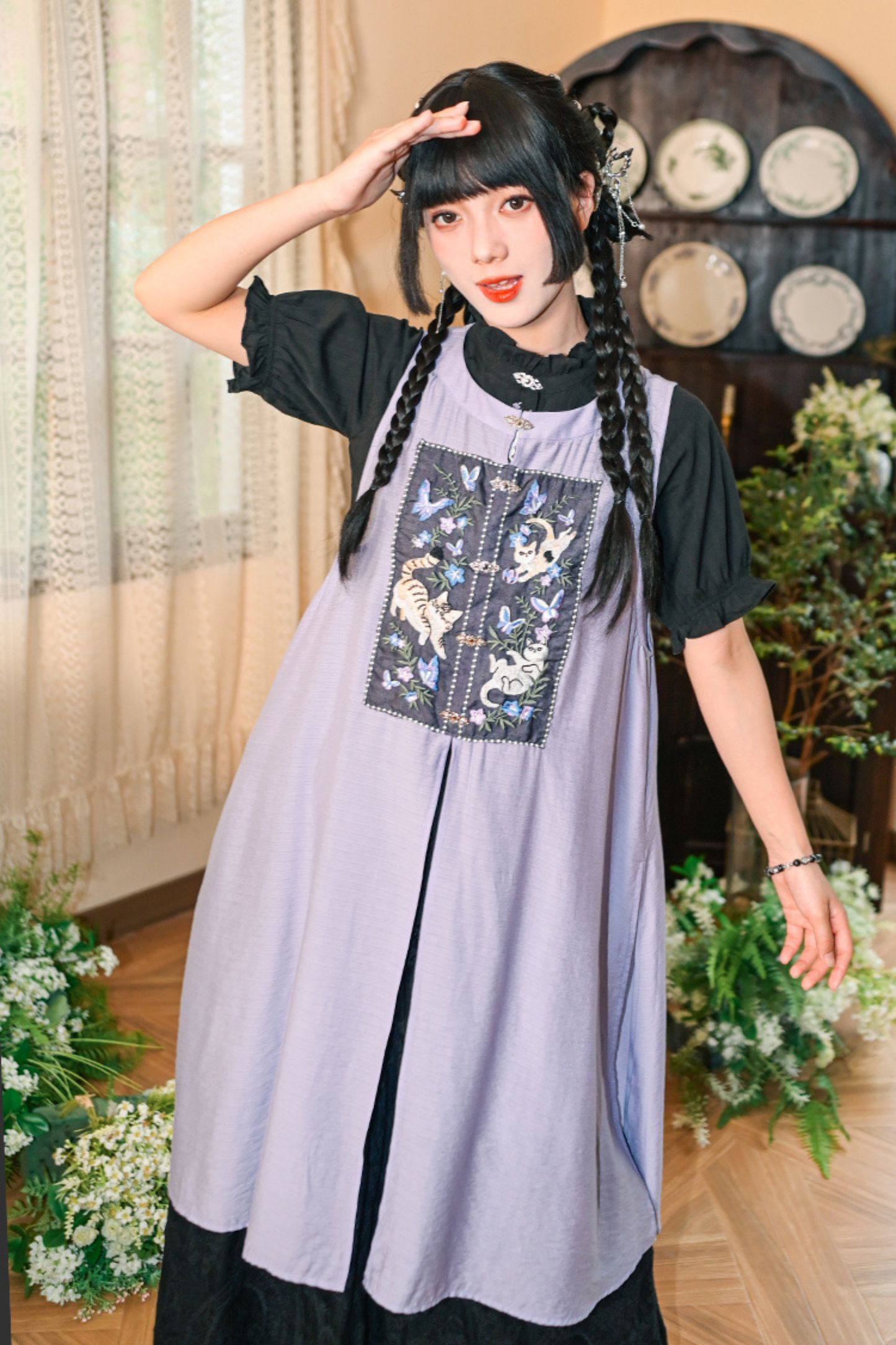 チャイナガーリーノースリーブサンドレスパッチワンピース