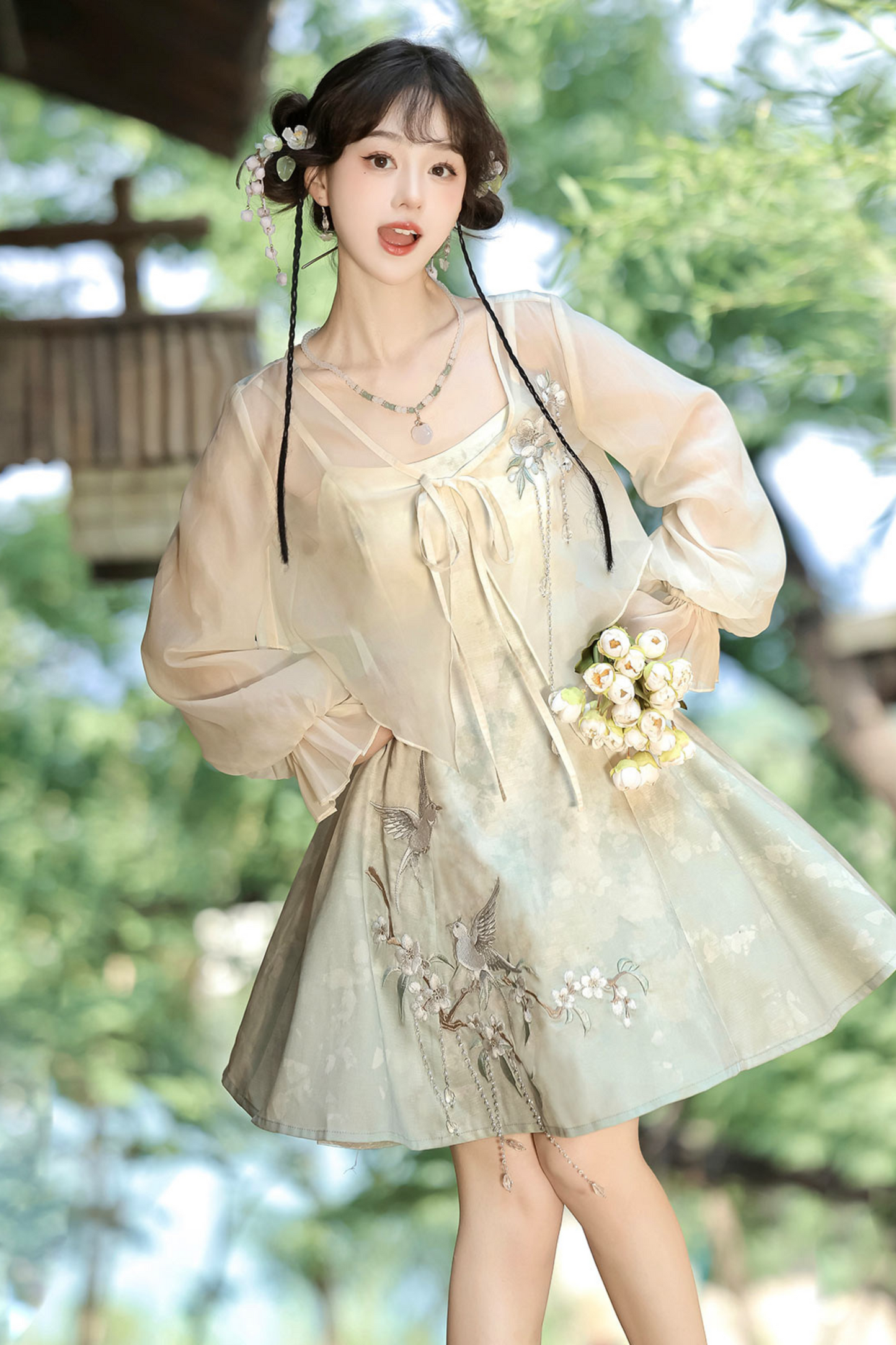 China Gradient Flower Retro Dress + Sheer Cardigan