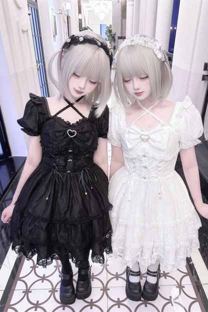 Süß-Mädchenhaftes Spitzen-Schleifen-Kleid + Haarklammer