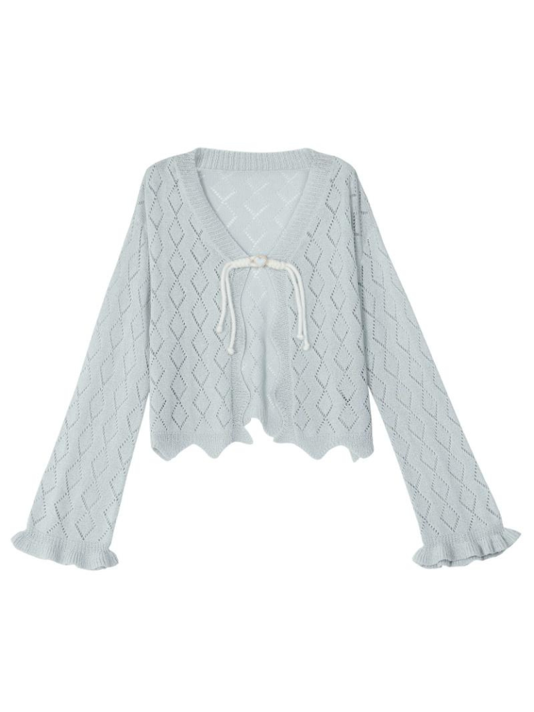 Fairy style openwork knit cardigan + camisole top + long cake skirt