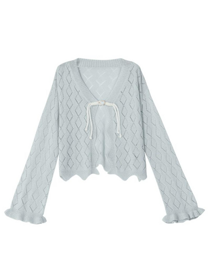 Fairy style openwork knit cardigan + camisole top + long cake skirt