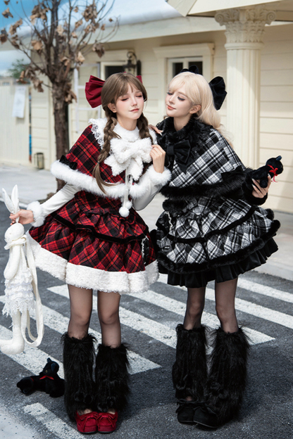 チェックドールジャンパースカート+リボンブローチ+ピン+ラブブローチ+ショール+トップス+レッグカバー