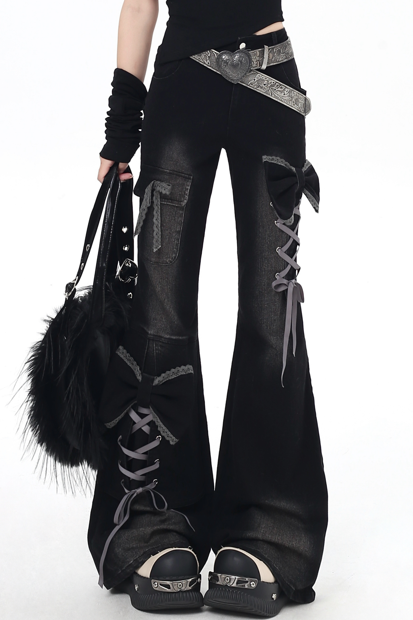 Lace-up flared denim pants