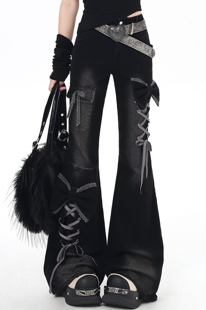 Lace-up flared denim pants