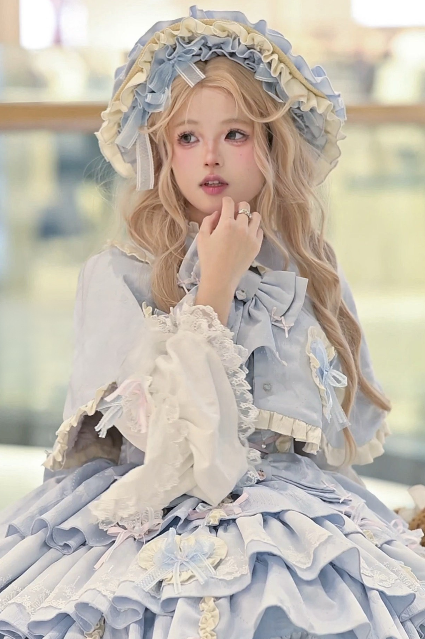 レイヤーフリルスイートプリンセスロリータジャンパースカート+テール+ヘアバンド+ケープ+ボンネット