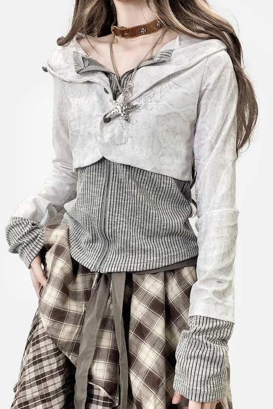 サブカルチャーグレーストライプフーディートップス