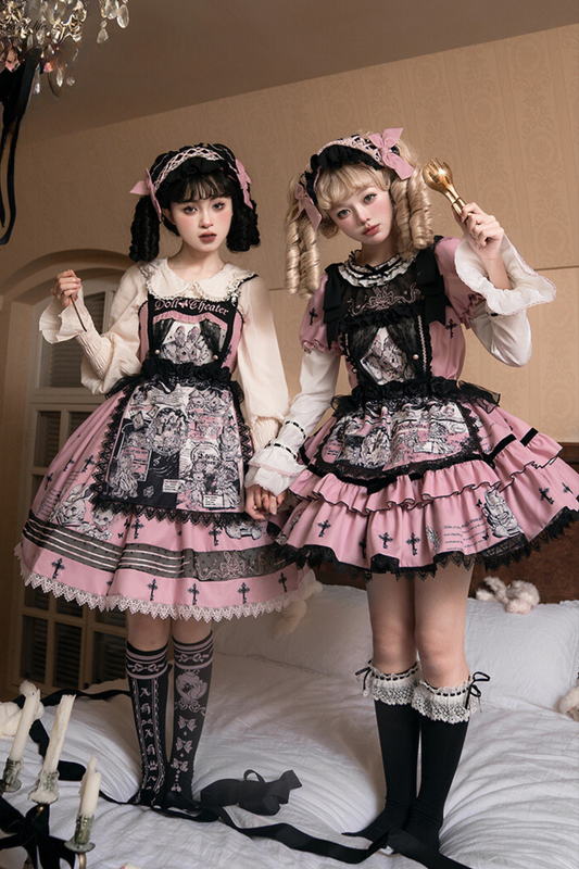 [Reservation deadline on October 18] Doll Theater Lolita Black Pink Print Dress + Hair Band