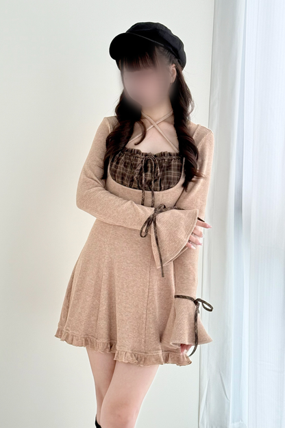 チェックフレアニットワンピース