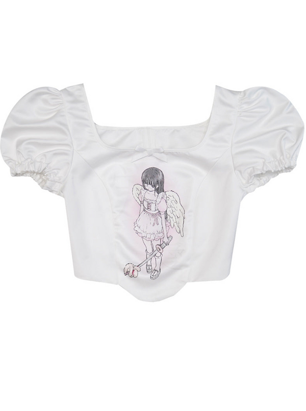 Angel Girl Baby Illustration Square Neck Puff Sleeves Tops