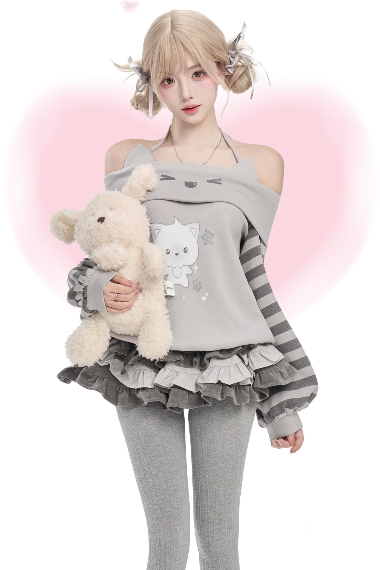 ストライプワンラインショルダーホルターネックトップス+スカート