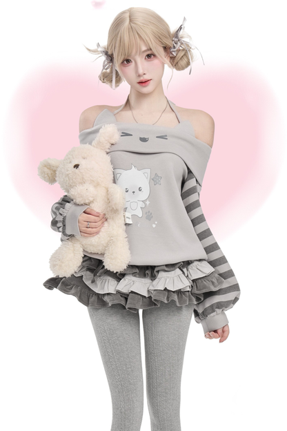 ストライプワンラインショルダーホルターネックトップス+スカート