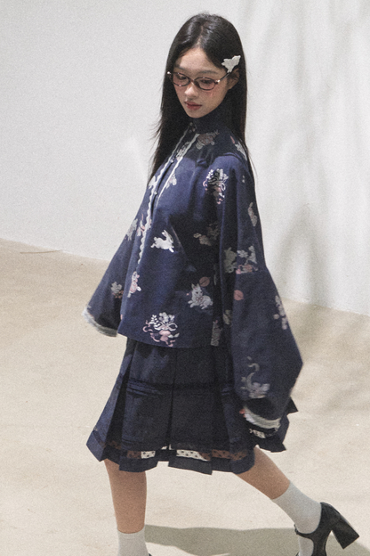 レトロスタンドカラーショートトップス+ミディアムスカート