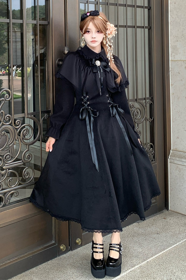 Lace-up Long Flared Cape Dress