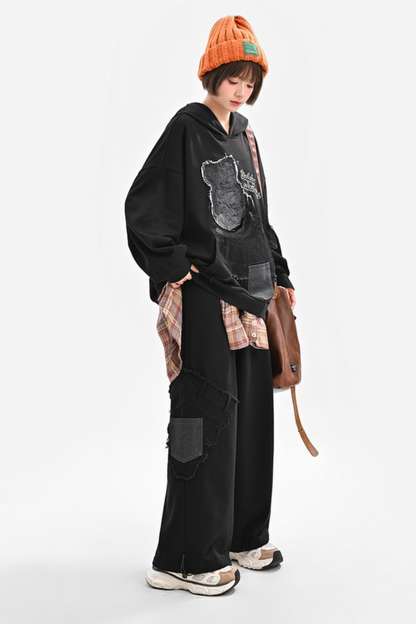 Patchwork Bear Design Loose Hooded Hoodie + Sweatpants