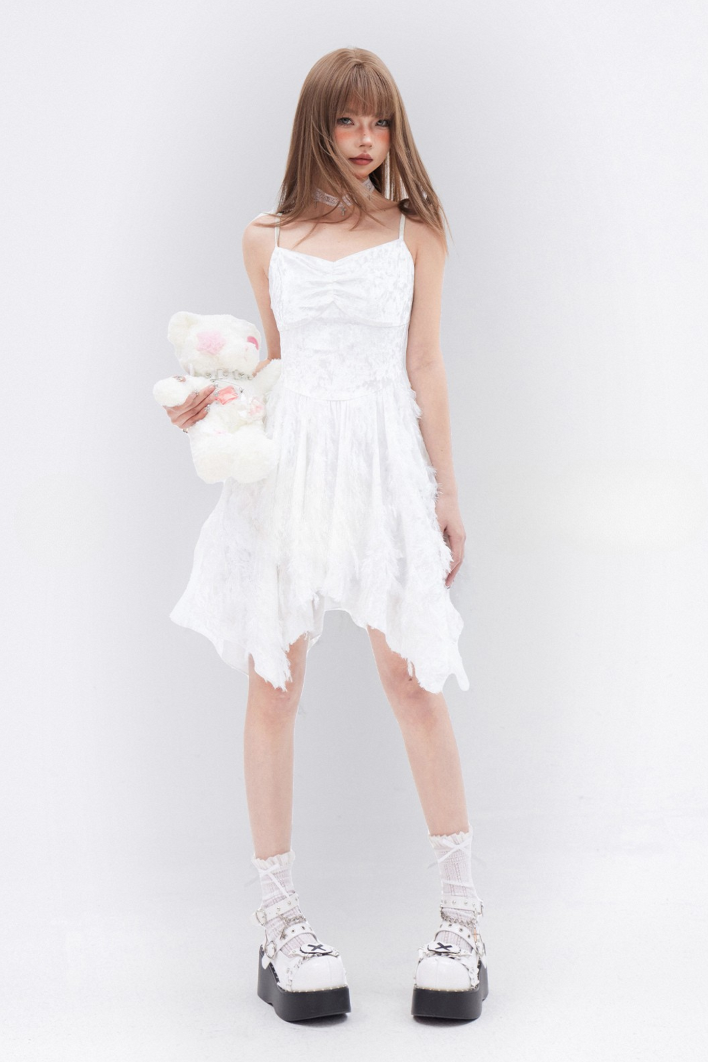 White Irregular Suspender Dress