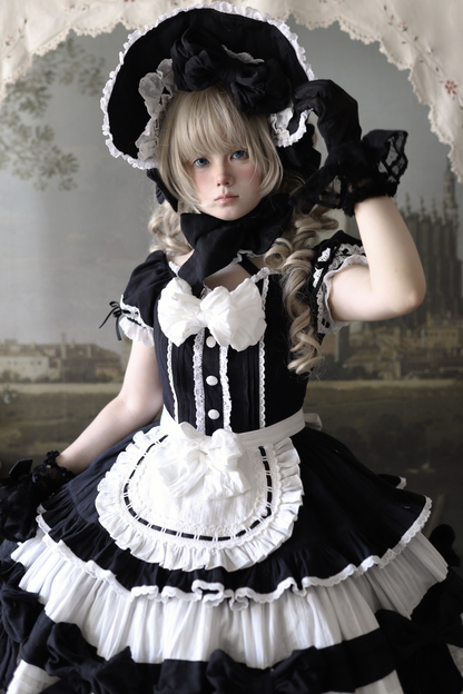 モノクロドールロリータドレス+カチューシャ+ボンネット+クリップ