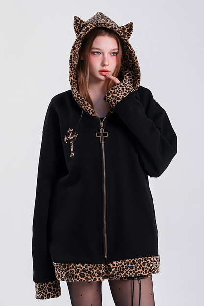 レパードプリントデビルフードパーカー