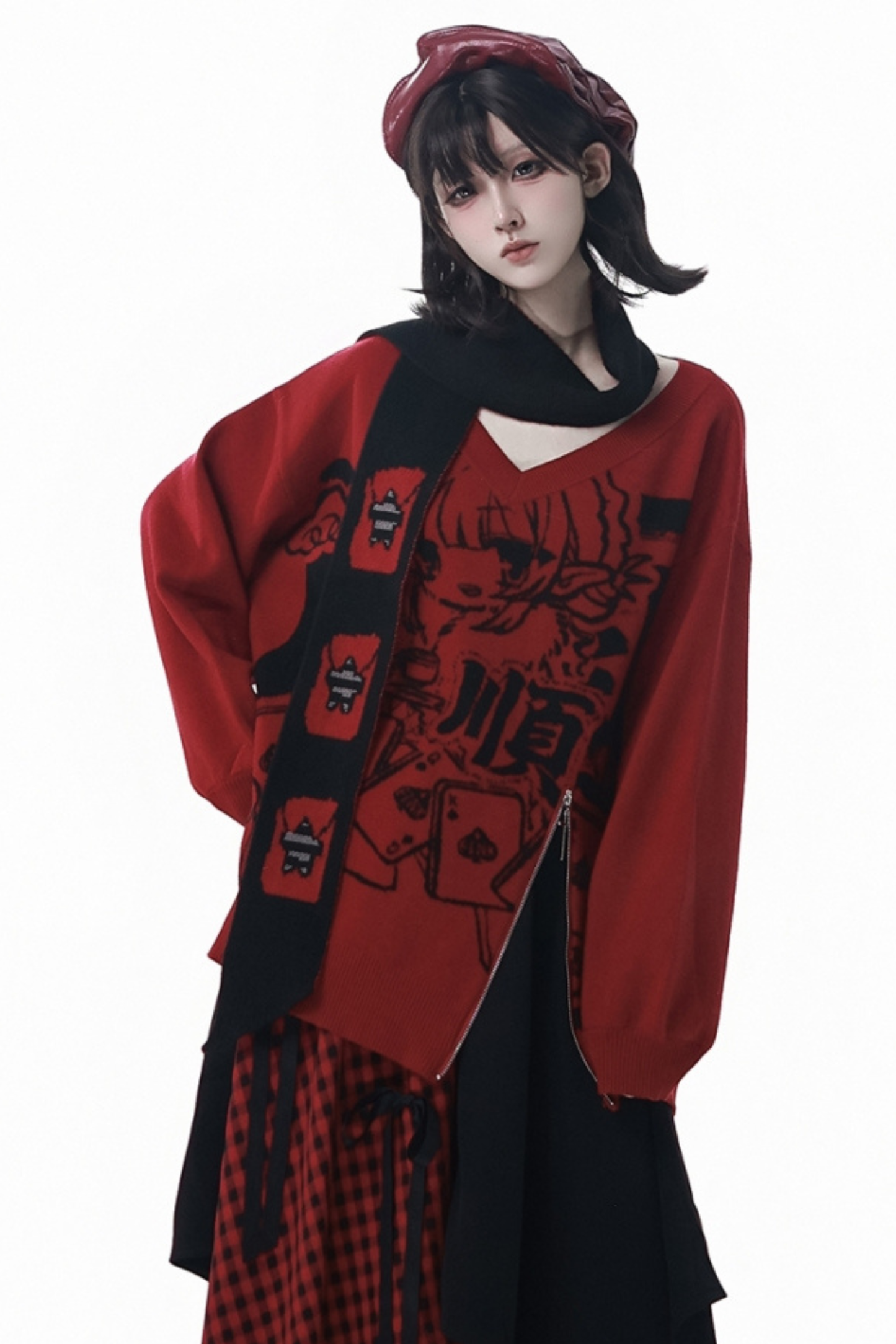 モードVネックニット+キュロット+スカート+レッグカバー+スカーフ