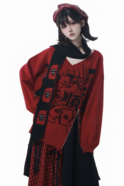 モードVネックニット+キュロット+スカート+レッグカバー+スカーフ