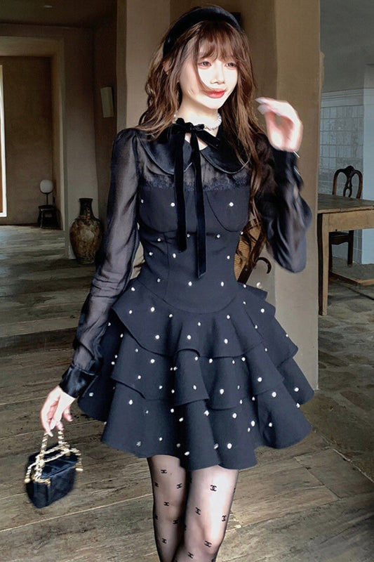 Diamond Panel Chiffon Puff Dress