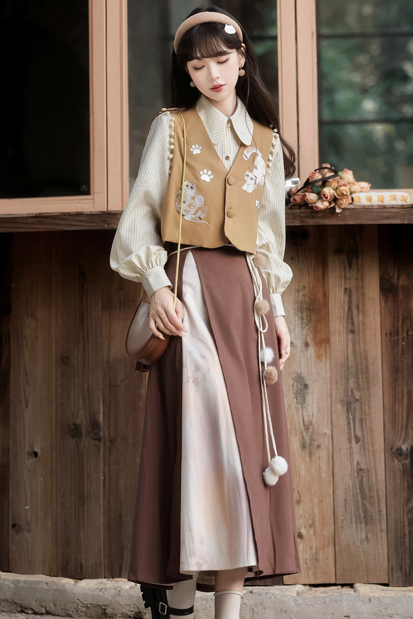 レトロキャットベスト+トップス+スカート