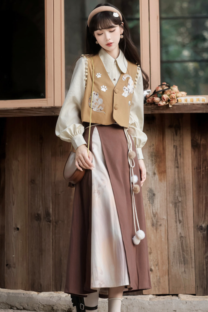 レトロキャットベスト+トップス+スカート