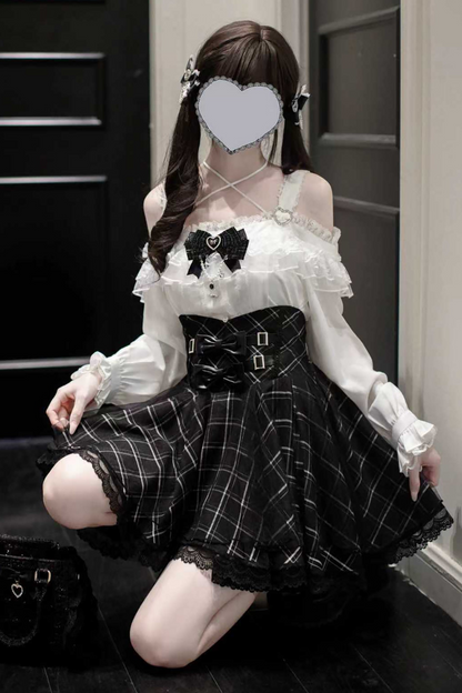 Mine off-the-shoulder shirt + checked skirt (with inner pants)