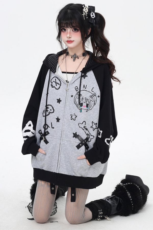 Girl Illustration Hooded Loose Hoodie