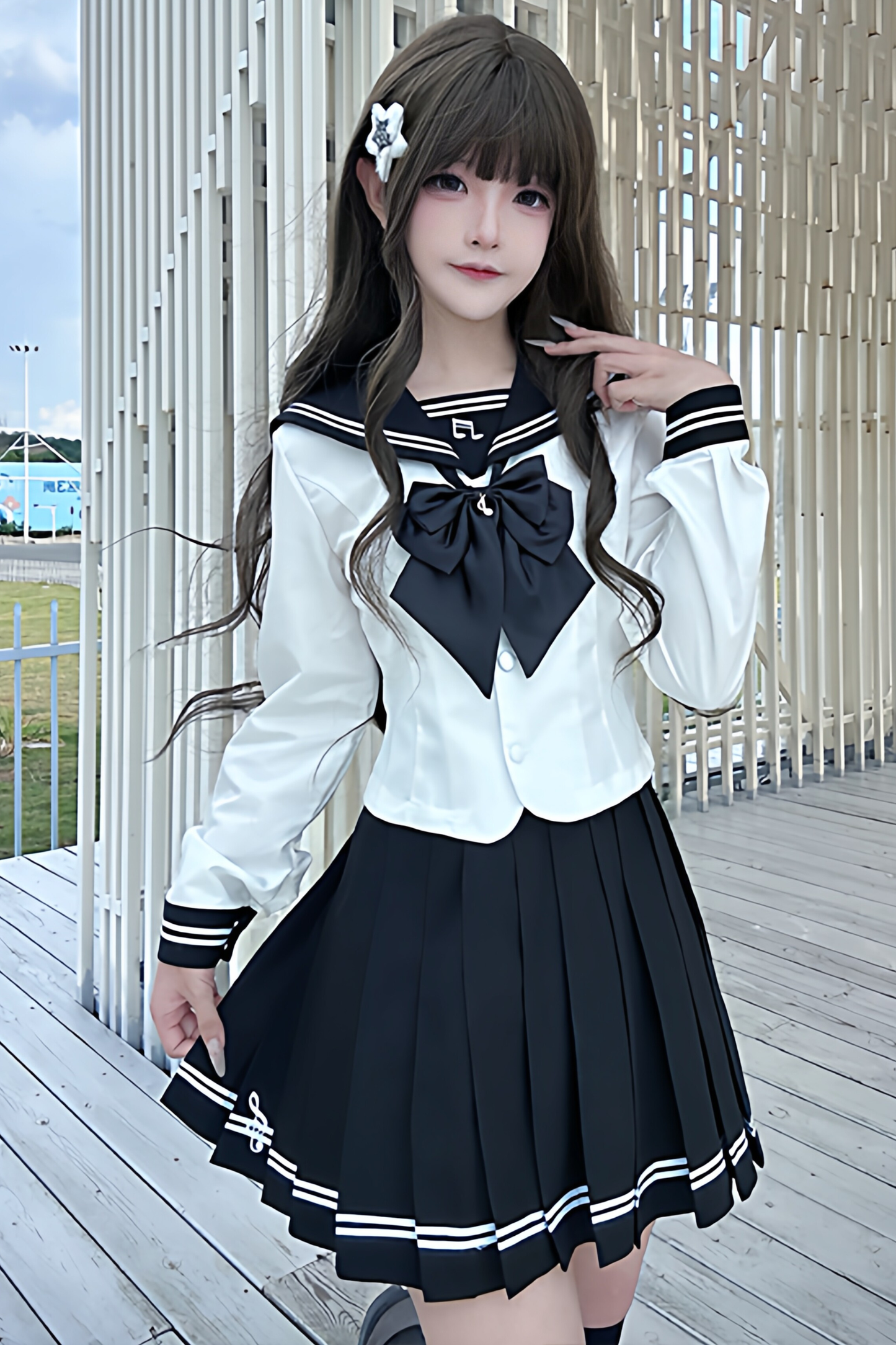 긴소매 세일러 탑 + 스커트 + 리본