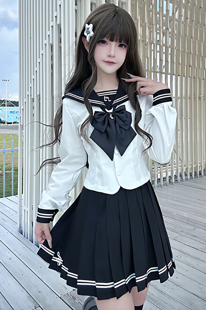 긴소매 세일러 탑 + 스커트 + 리본