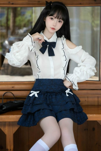 レースオフショルダーシャツ+スリミングショートスカート